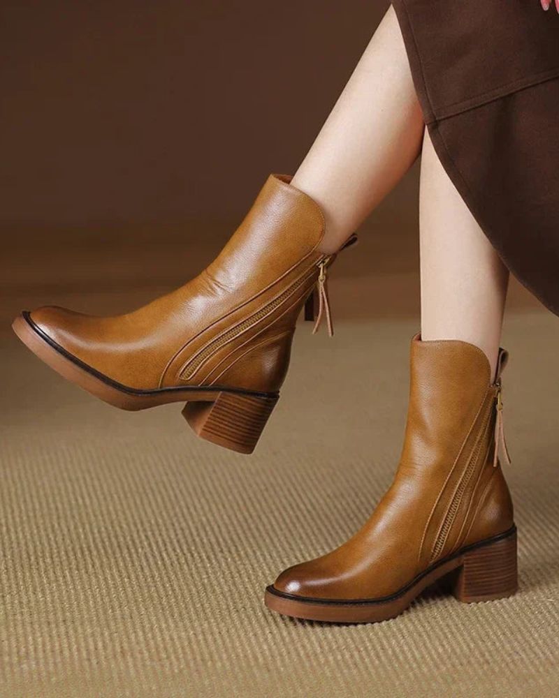 Lefèvre™ Botte en cuir noire avec un talon confortable, élégante et intemporelle
