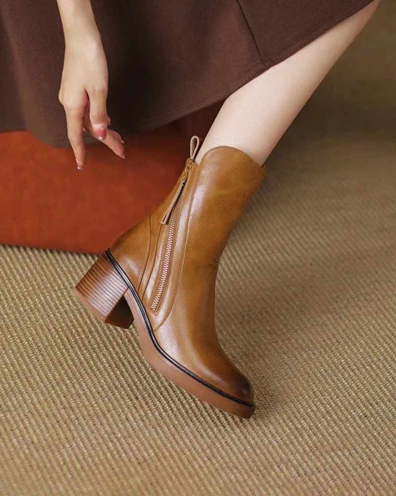 Lefèvre™ Botte en cuir noire avec un talon confortable, élégante et intemporelle