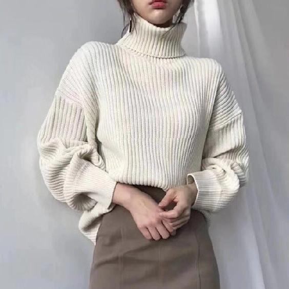 Lefèvre™ Luxe Pull à col roulé et à manches ballon
