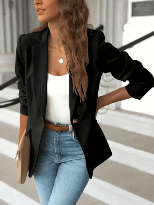Women’s Minimalist Solid Button Lapel Collar Blazer – Classic Tailored Jacket