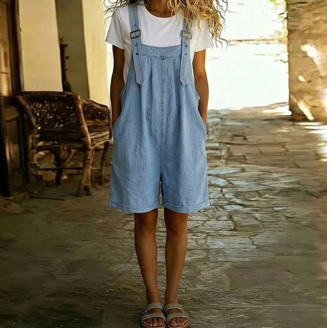 Isabel - Combinaison courte en denim avec toucher coton doux et lavage vintage Bleu clair