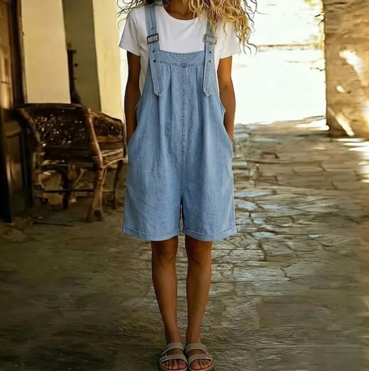 Isabel - Combinaison courte en denim avec toucher coton doux et lavage vintage Bleu clair