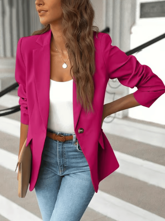 Women’s Minimalist Solid Button Lapel Collar Blazer – Classic Tailored Jacket