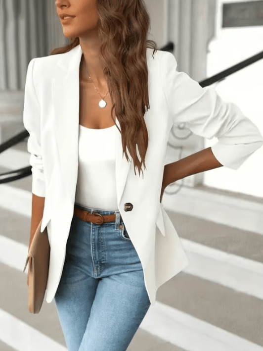 Women’s Minimalist Solid Button Lapel Collar Blazer – Classic Tailored Jacket