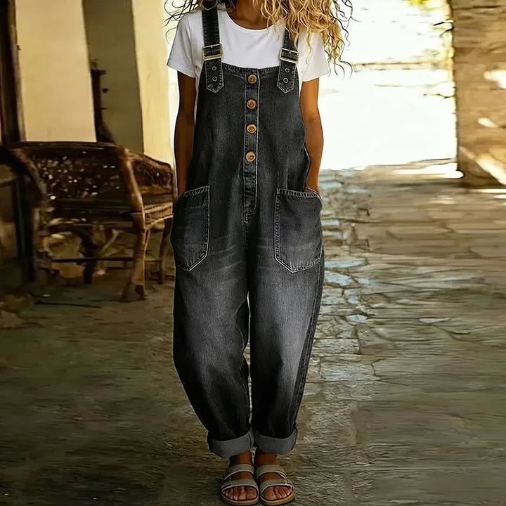 Carmen - Combinaison vintage en denim en coton doux avec bretelles réglables