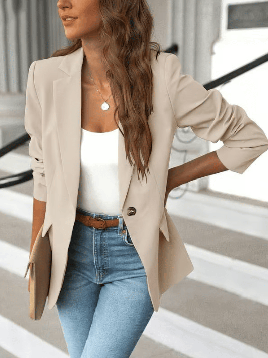 Women’s Minimalist Solid Button Lapel Collar Blazer – Classic Tailored Jacket