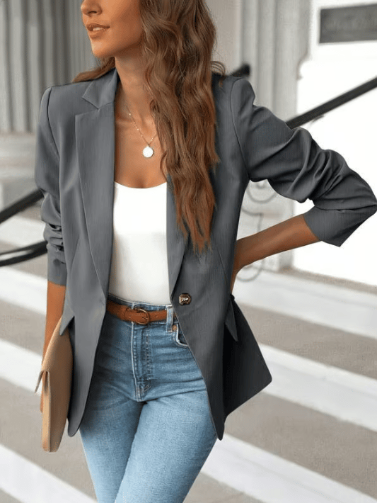 Women’s Minimalist Solid Button Lapel Collar Blazer – Classic Tailored Jacket