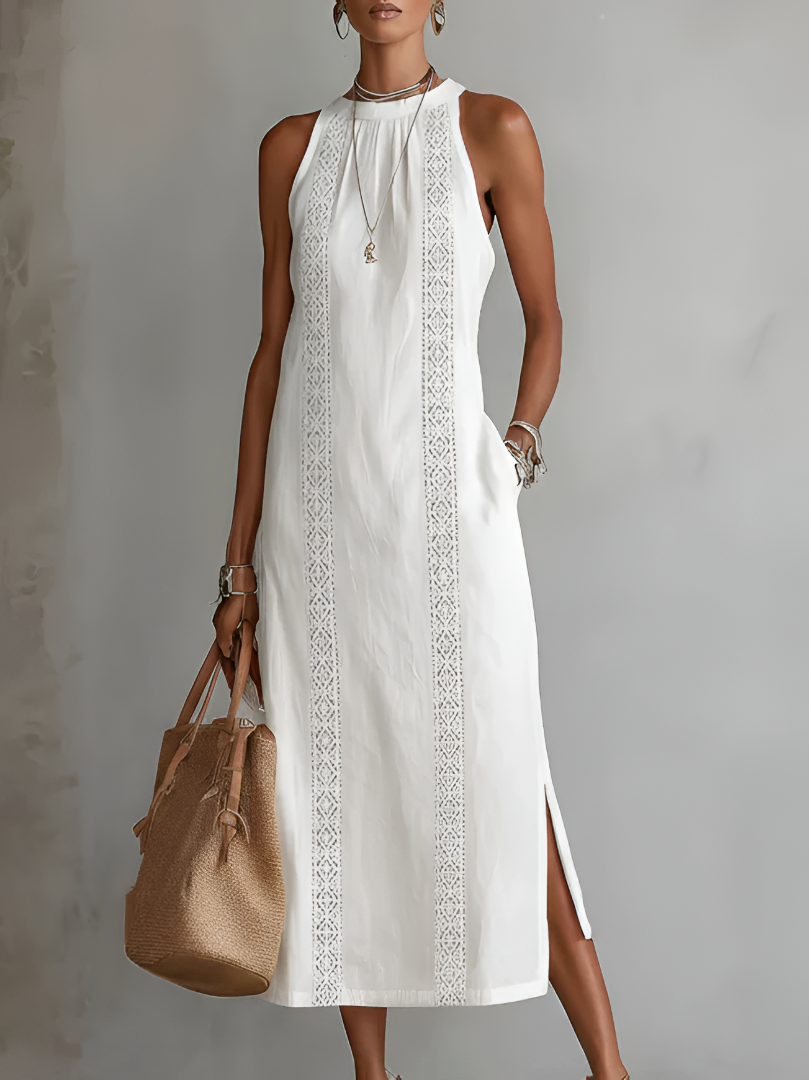 Lefèvre™ Robe midi en lin à col mao