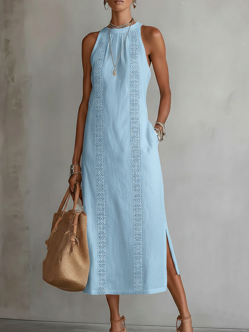 Lefèvre™ Robe midi en lin à col mao