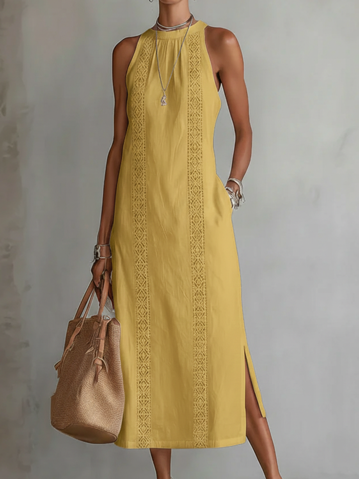 Lefèvre™ Robe midi en lin à col mao