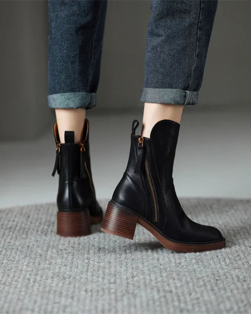 Lefèvre™ Botte en cuir noire avec un talon confortable, élégante et intemporelle